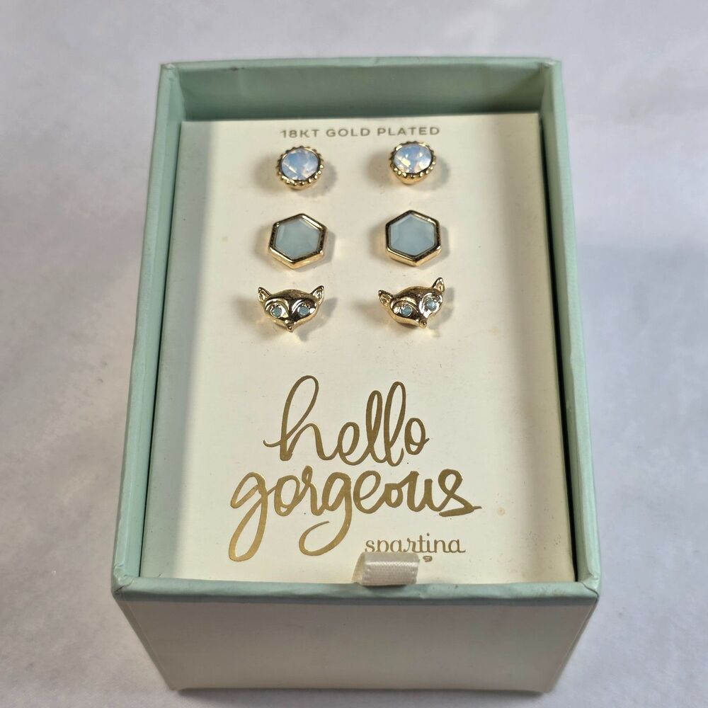 Spartina Oh So Whitty 18k Gold Plated Earrings 3 Pair Box Set Fox, Opal & Hex